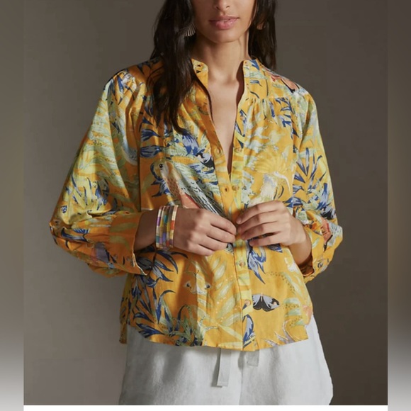 Maeve Anthropologie Puff-Sleeved Tropical Button down blouse top - Picture 2 of 6